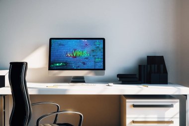 Bilgisayar, masa ve sandalye ile masaüstü iç. Cyberpiracy tema ekranda çizim. 3d render.