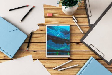Dijital tablet ekranda mali grafik ile üst görünüm çekim. Online işlem uygulama konsepti. 3B işleme.