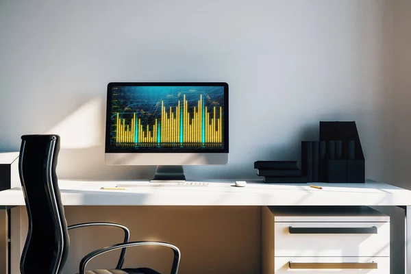 コンピュータ画面上の財務チャートやグラフを備えたキャビネットデスクトップインテリア。株式市場分析と取引の概念。3D レンダリング. — ストック写真
