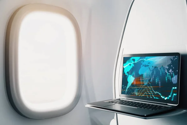 Ноутбук крупным планом внутри самолета с форекс график и карта мира на экране. Концепция торговли на финансовом рынке. 3d-рендеринг . — стоковое фото