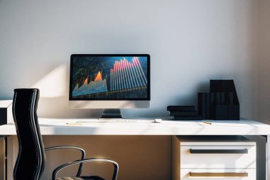 Bilgisayar ekranında finansal grafikler ve grafikler ile kabine masaüstü iç. Hisse senedi piyasası analizi ve ticaret kavramı. 3B işleme.