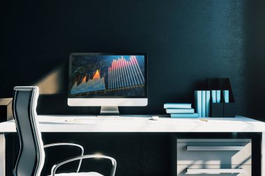 Bilgisayar ekranında finansal grafikler ve grafikler ile kabine masaüstü iç. Hisse senedi piyasası analizi ve ticaret kavramı. 3B işleme.