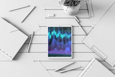 Dijital tablet ekranda mali grafik ile üst görünüm çekim. Online işlem uygulama konsepti. 3B işleme.