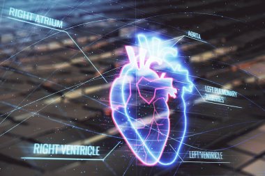 Soyut bir geçmişi olan kalp hologramı. Çoklu maruz kalma. Tıp eğitimi kavramı