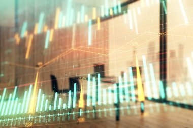 Minimalist kabine iç arka plan ile iş teması grafik hologram. Çift pozlama. Hisse senedi piyasası konsepti.