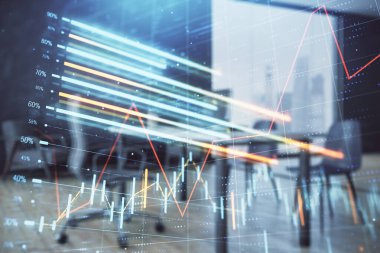 Minimalist kabine iç arka plan ile iş teması grafik hologram. Çift pozlama. Hisse senedi piyasası konsepti.