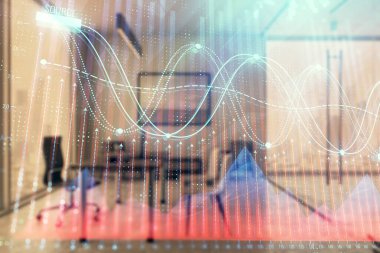 Minimalist kabine iç arka plan ile iş teması grafik hologram. Çift pozlama. Hisse senedi piyasası konsepti.