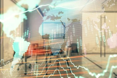 Harita ve minimalist kabine iç arka plan ile Forex grafik hologram. Çifte pozlama. Uluslararası iş kavramı.