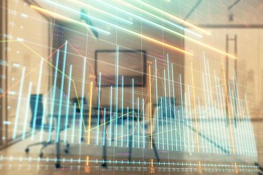 Minimalist kabine iç arka plan ile iş teması grafik hologram. Çift pozlama. Hisse senedi piyasası konsepti.