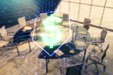 Konferans odası iç arka plan üzerinde İş tema hologram. Çifte pozlama. İş dünyasında beyin fırtınası kavramı.