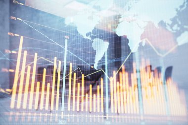 Konferans odası arka planda dünya hologram ile hisse senedi piyasası grafik çift pozlama. Uluslararası Finans konsepti