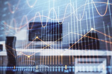 Hisse senedi piyasası grafik ve masaüstü ofis bilgisayar arka plan. Çok pozlama. Finansal analiz konsepti.