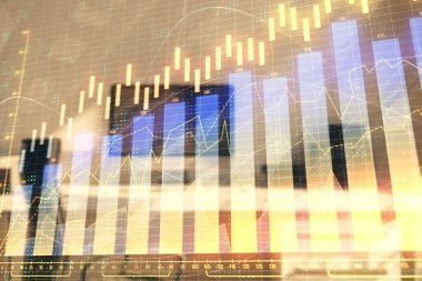 Hisse senedi piyasası grafik ve masaüstü ofis bilgisayar arka plan. Çok pozlama. Finansal analiz konsepti.