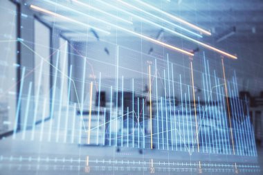 Arka planda ticaret masası banka Ofisi İç ile stok ve tahvil piyasa grafiği. Çok pozlama. Finansal analiz konsepti