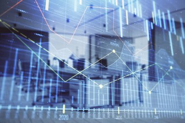 Ticaret masası banka ofisi iç arka planda stok piyasa şeması. Çift pozlama. Finansal analiz konsepti