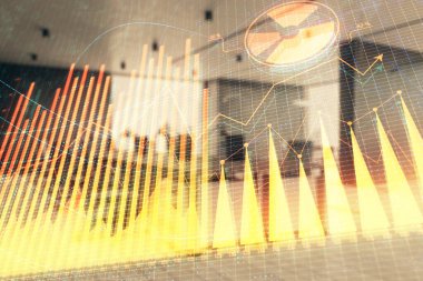 Ticaret masası banka ofisi iç arka planda stok piyasa şeması. Çift pozlama. Finansal analiz konsepti