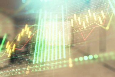 Ticaret masası banka ofisi iç arka planda stok piyasa şeması. Çift pozlama. Finansal analiz konsepti