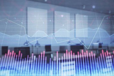 Ticaret masası banka ofisi iç arka planda stok piyasa şeması. Çift pozlama. Finansal analiz konsepti