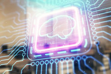 Arka planda ofis iç ile insan beyni çizim. Çift pozlama. Yenilik konsepti.