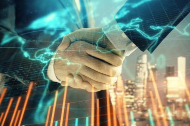 İki işadamı el sıkışması ile Cityscape arka planda mali grafik ve Dünya haritasına çift pozlama. Uluslararası yatırım konsepti