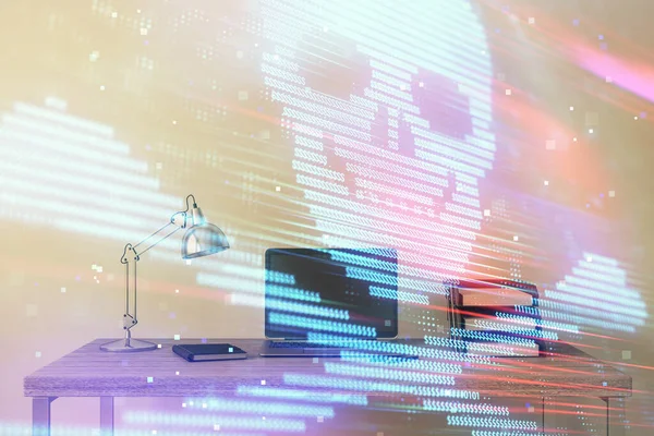 Hologramm zum Hacking-Thema mit Desktop-Office-Hintergrund. Doppelbelastung. — Stockfoto