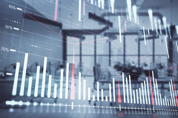 Stock and bond market graph with trading desk bank office interior on background. Multi exposure. Concept of financial analysis