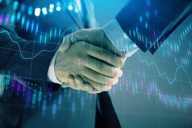 İki işadamı el sıkışması ile soyut arka planda Forex grafik Multi pozlama. Hisse senedi piyasasında başarı kavramı