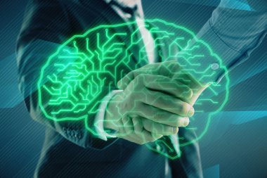 İki erkek el sıkışması ile soyut arka plan üzerinde insan beyni çizim Multi pozlama. İş içinde veri teknolojisi kavramı