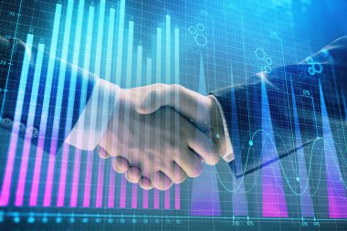 İki işadamı el sıkışması ile soyut arka planda Forex grafik Multi pozlama. Hisse senedi piyasasında başarı kavramı