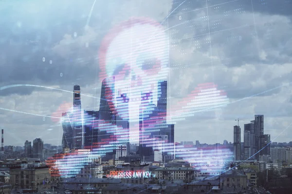 Doppelbelichtung von Hacking-Thema Zeichnung Hologramm auf Stadtbild Hintergrund. Konzept der Datenpiraterie — Stockfoto