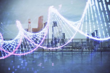 Çatıdan şehir manzaralı bir DNA hologramı. Çifte maruziyet. Eğitim kavramı.
