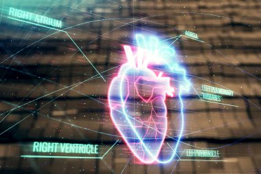 Soyut bir geçmişi olan kalp hologramı. Çoklu maruz kalma. Tıp eğitimi kavramı