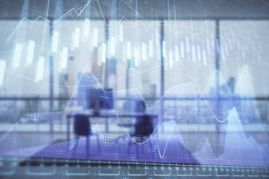 Minimalist kabine iç arka plan ile iş teması grafik hologram. Çift pozlama. Hisse senedi piyasası konsepti.