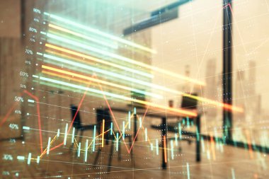 Minimalist kabine iç arka plan ile iş teması grafik hologram. Çift pozlama. Hisse senedi piyasası konsepti.