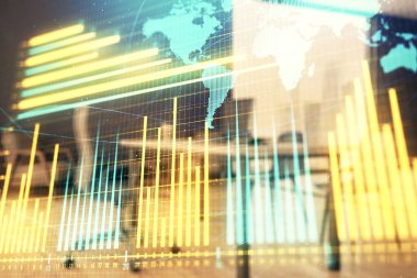 Harita ve minimalist kabine iç arka plan ile Forex grafik hologram. Çifte pozlama. Uluslararası iş kavramı.