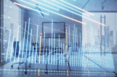 Minimalist kabine iç arka plan ile iş teması grafik hologram. Çift pozlama. Hisse senedi piyasası konsepti.