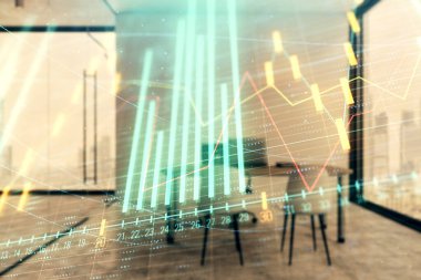 Minimalist kabine iç arka plan ile Forex grafik hologram. Çift pozlama. Hisse senedi piyasası konsepti.