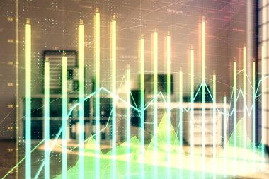 Minimalist kabine iç arka plan ile Forex grafik hologram. Çift pozlama. Hisse senedi piyasası konsepti.