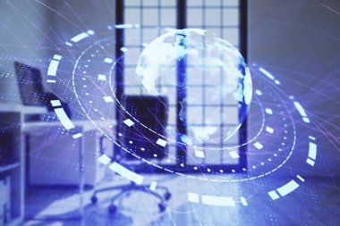 Dünya haritası hologramı ve minimalist kabine iç planı. Çifte maruziyet. Uluslararası iş kavramı.