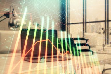 Hisse senedi piyasası grafik ve masaüstü ofis bilgisayar arka plan. Çok pozlama. Finansal analiz konsepti.