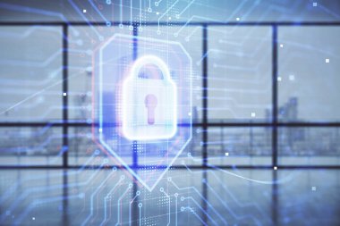 Boş odanın arka planında iki kat kilit hologramı var. Veri güvenliği kavramı.