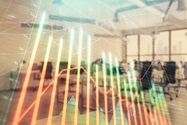 Arka planda ticaret masası banka Ofisi İç ile stok ve tahvil piyasa grafiği. Çok pozlama. Finansal analiz konsepti