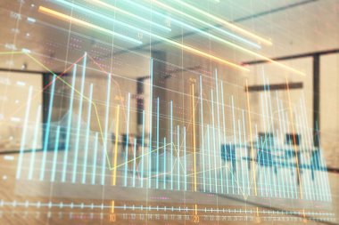 Arka planda ticaret masası banka Ofisi İç ile stok ve tahvil piyasa grafiği. Çok pozlama. Finansal analiz konsepti