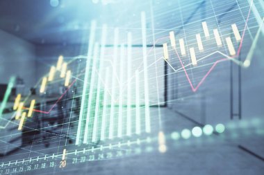 Ticaret masası banka ofisi iç arka planda stok piyasa şeması. Çift pozlama. Finansal analiz konsepti