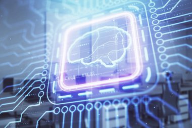 Arka planda ofis iç ile insan beyni çizim. Çift pozlama. Yenilik konsepti.