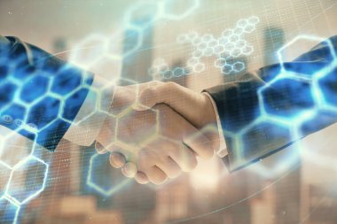 İki işadamı el sıkışması ile Cityscape arka planda çizim soyut teknoloji çift pozlama. İş içinde teknoloji rolü kavramı