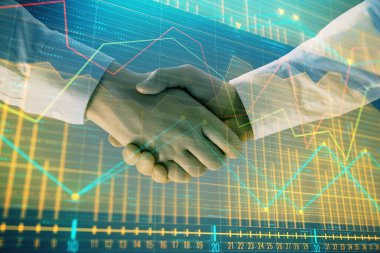 İki işadamı el sıkışması ile soyut arka planda Forex grafik Multi pozlama. Hisse senedi piyasasında başarı kavramı
