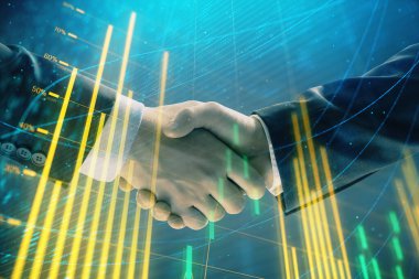 İki işadamı el sıkışması ile soyut arka planda Forex grafik Multi pozlama. Hisse senedi piyasasında başarı kavramı