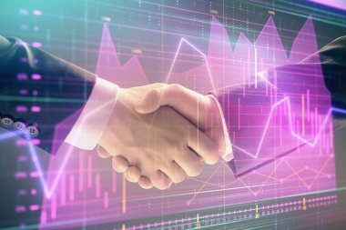 İki işadamı el sıkışması ile soyut arka planda Forex grafik Multi pozlama. Hisse senedi piyasasında başarı kavramı