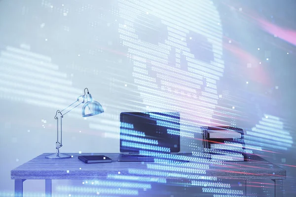 Hologramm zum Hacking-Thema mit Desktop-Office-Hintergrund. Doppelbelastung. — Stockfoto